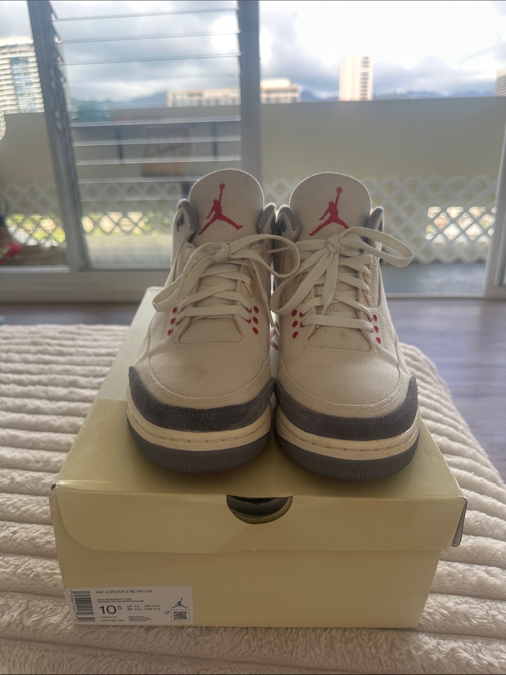 Jordan White, Gray & Red Retro Low-Top Sneakers
